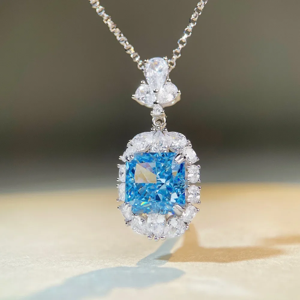PT950 Platinum Aquamarine Pendant Women's Full-Diamond Enamel Necklace