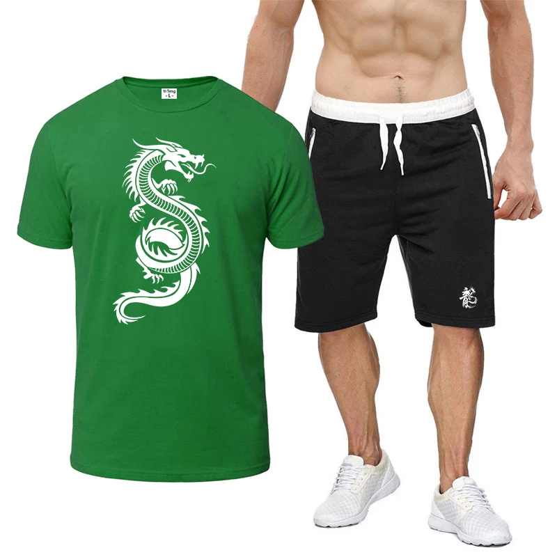 

2025 Summer Chinese Dragon Print T-shirt+ Sports Pants Streetwear Thin Set Men's New Eight-color Short-sleeved Breathable Suit