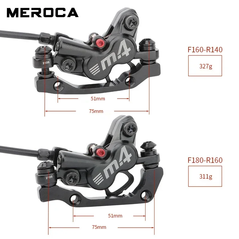 MEROCA M4 4 Piston Oil Brake MTB Hydraulic Disc Brake 160mm Rotor Left Rear/Right Front Bike Oil Disc Brake Cycling Parts