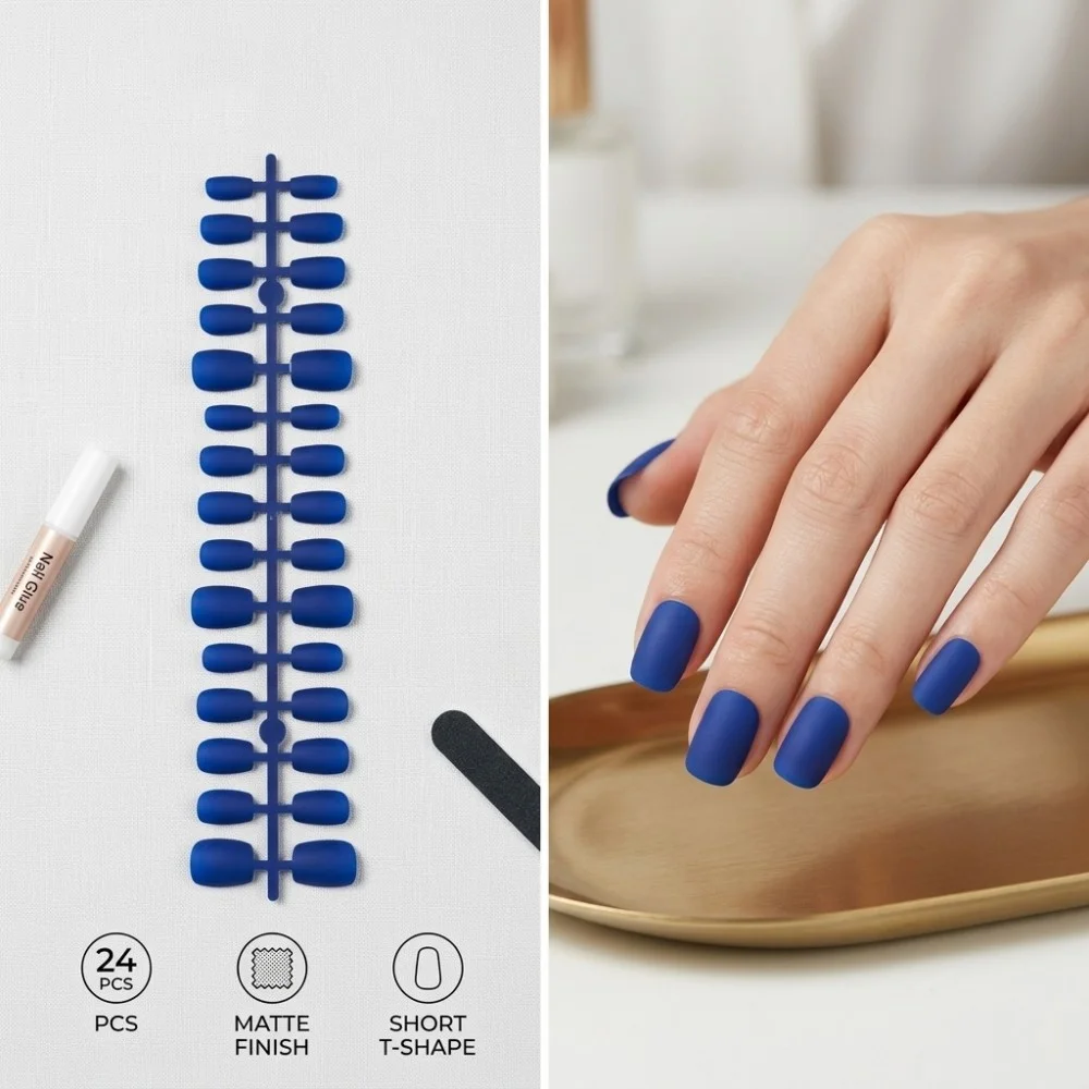 24PCS Deep Royal Blue Matte Press on Nails Short T-Shape Full Cover Fake Nails Chic Daily Wear Acrylic Manicure Tips