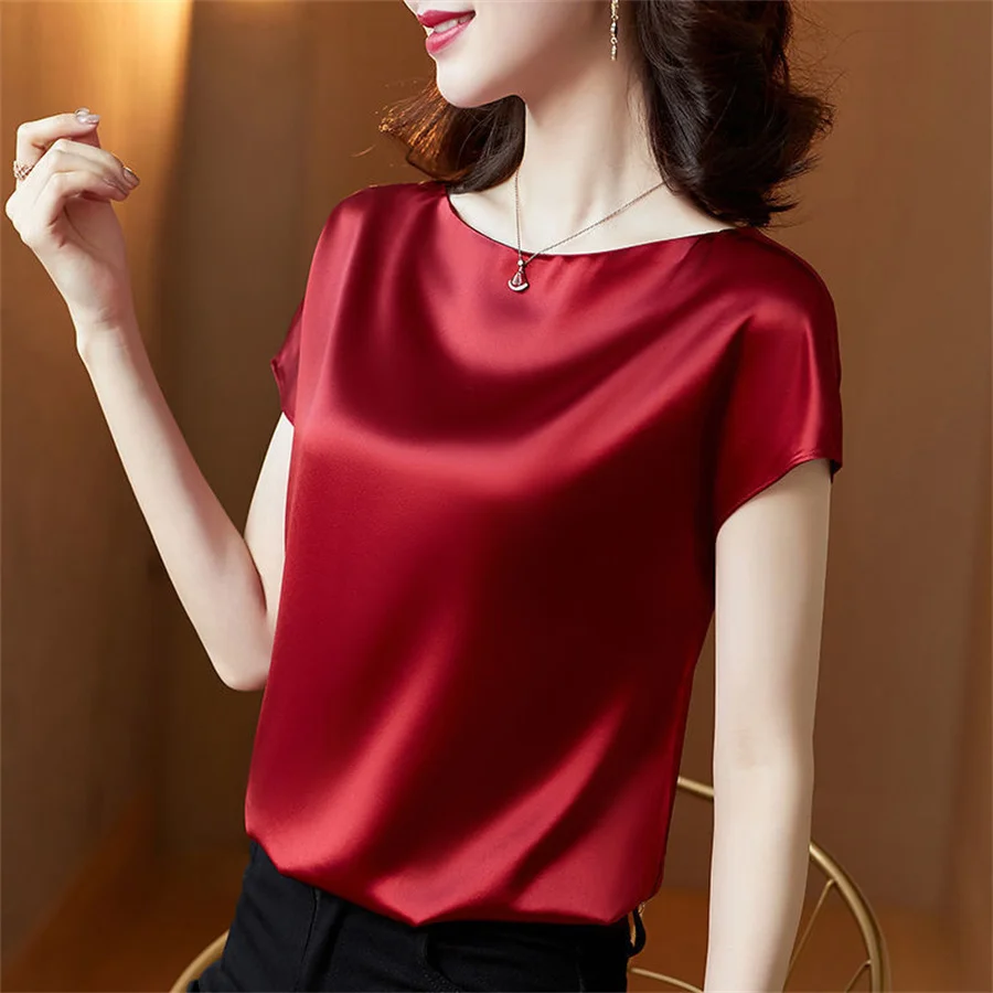 Office Lady Tops Summer Short Sleeve O-Neck Blouses Satin Blouse Women Shirts Simple Solid Casual Loose Shirt Blusas DF4904