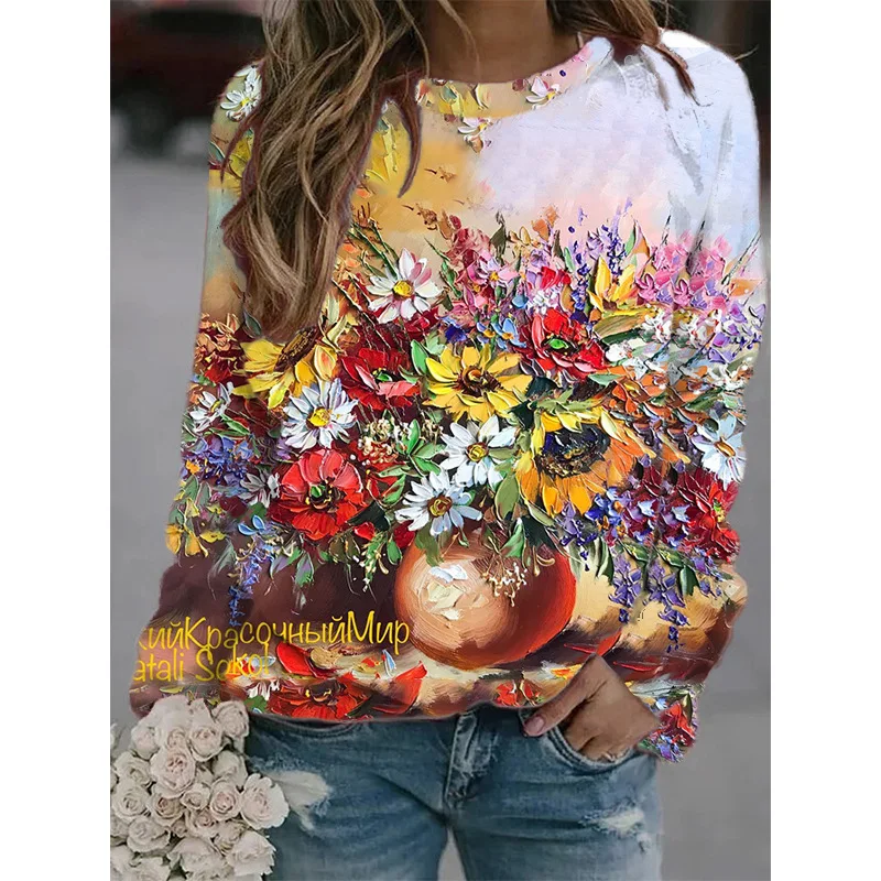 Oil Painting Tracksuits 3d Print Women Casual Fashion Round Neck Sweatshirts Women\'s Long Sleeves Top Oversized Pullover Clothes