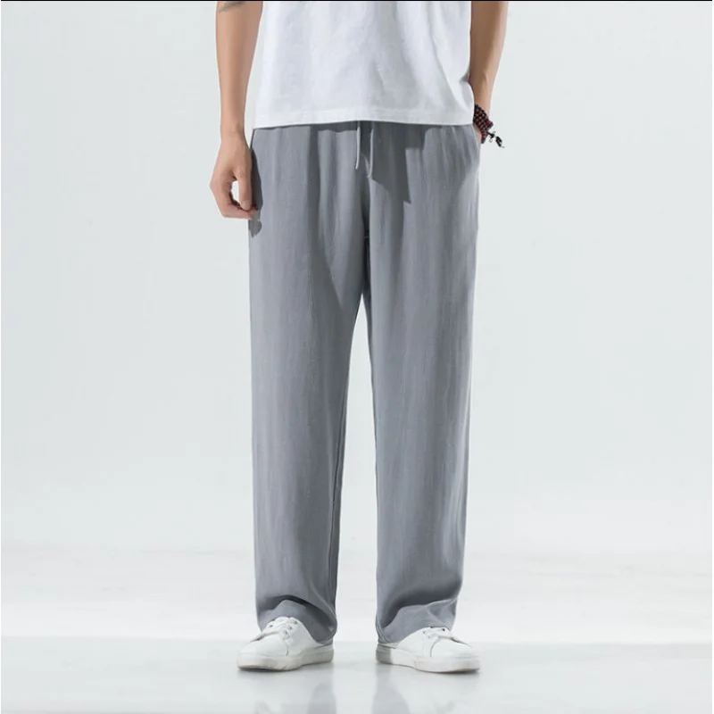 

European and American Men's New Style Mid-Youth Cotton Linen Wide- Casual Long Pants Plus Size Straight-Leg Trousers