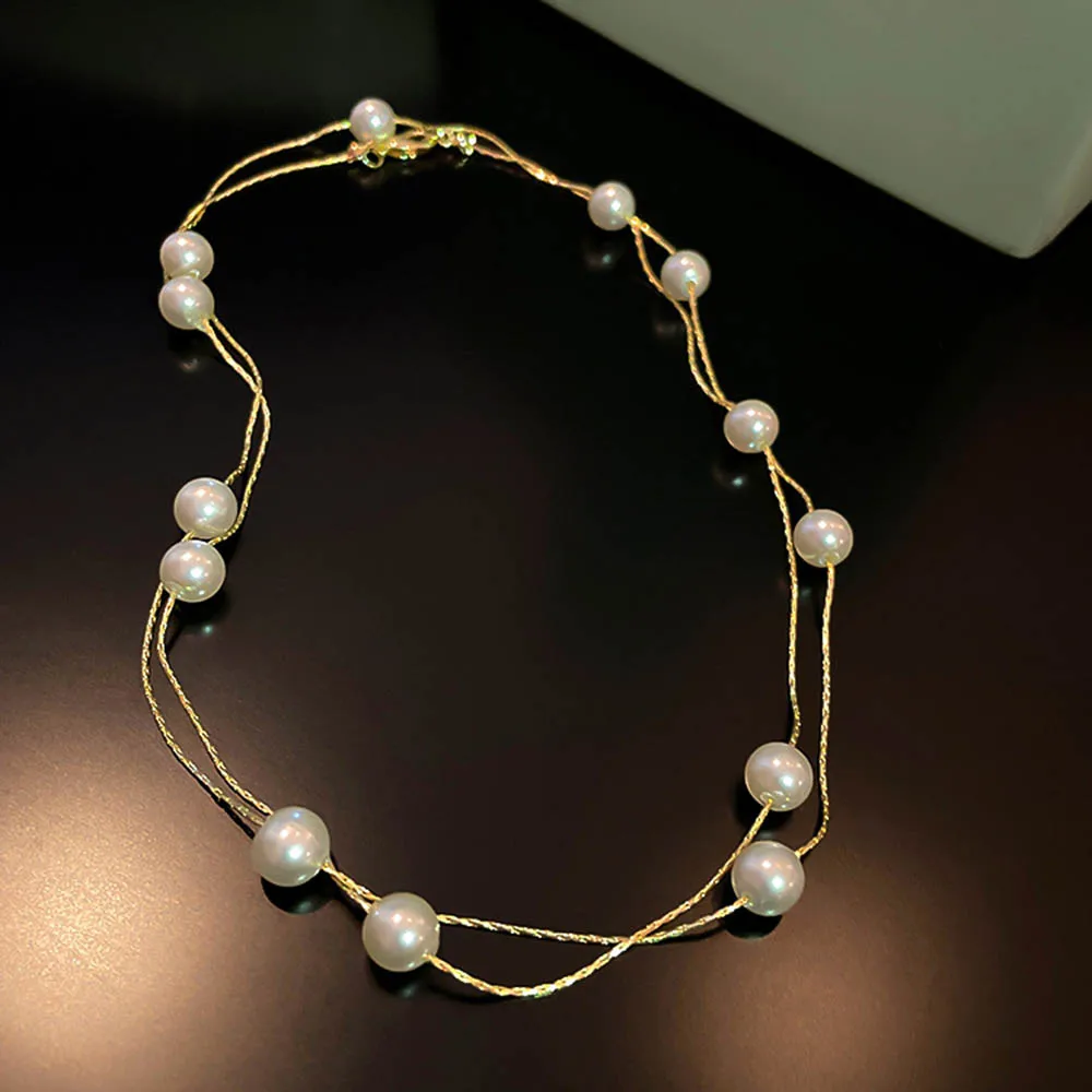 Korean Elegant Imitation Pearl Beads Double Layered Stacked Necklace Gold Color Chocker on The Neck Jewelry 2024 Collar for Girl