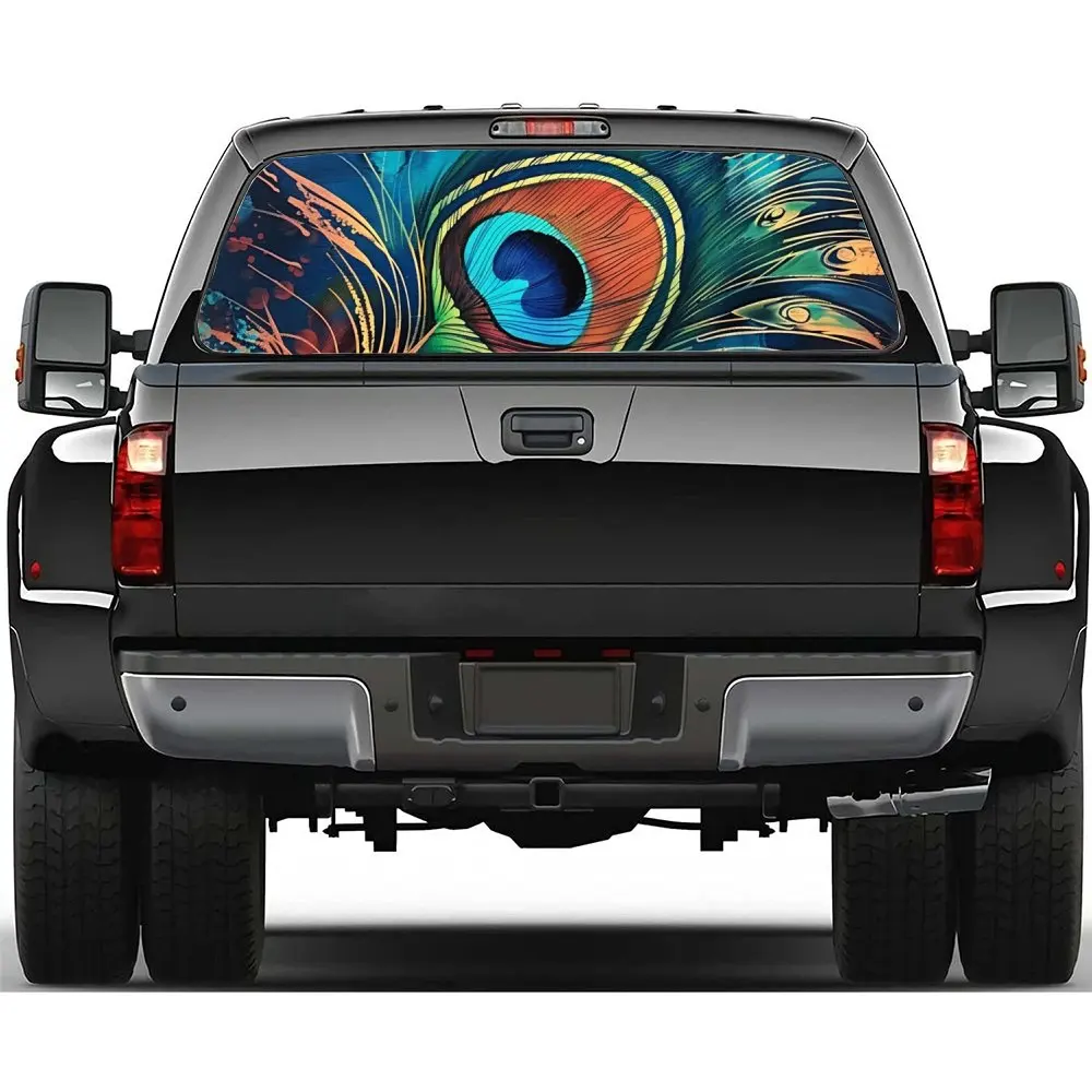 Artistic Peacock Feather Car Rear Windshield Sticker Truck Window See Through Perforated Back Window Vinyl Decal Decoration