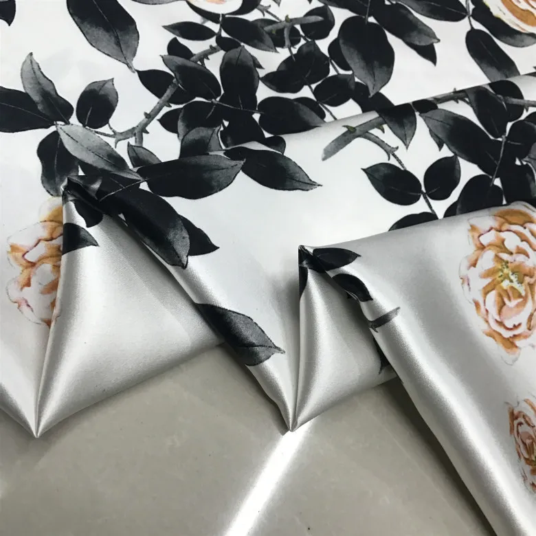 

High Quality 40momme Silk Thickened Inkjet Printing White Background Peony Flower Satin Cheongsam Formal Dress Fabric