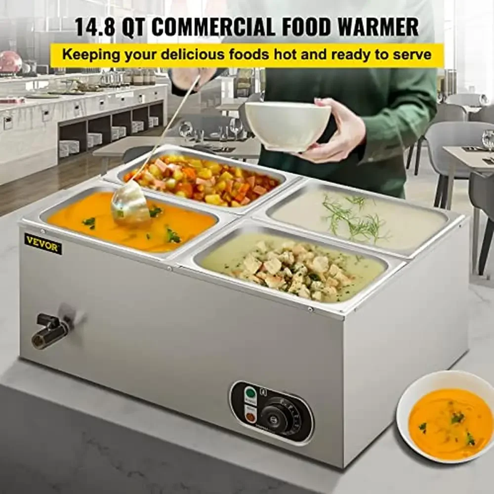 Commercial Food Warmer Buffet Bain Marie 4-Pan Stainless Steel 14.8qt 1500W 110V Steam Table Soup  Temp Control Drainage