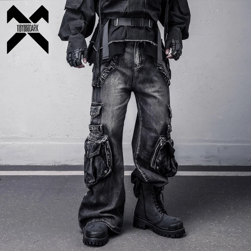 

Винтажные потертые джинсы-карго, мужская прямая рабочая одежда с множеством карманов, грязные джинсовые брюки в стиле панк, уличная одежда, мешковатые брюки