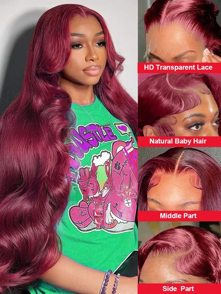 Perruque Lace Front Wig Body Wave brésilienne naturelle-99j, cheveux humains, bordeaux, 13x6 HD, 30 36 pouces, densité 220