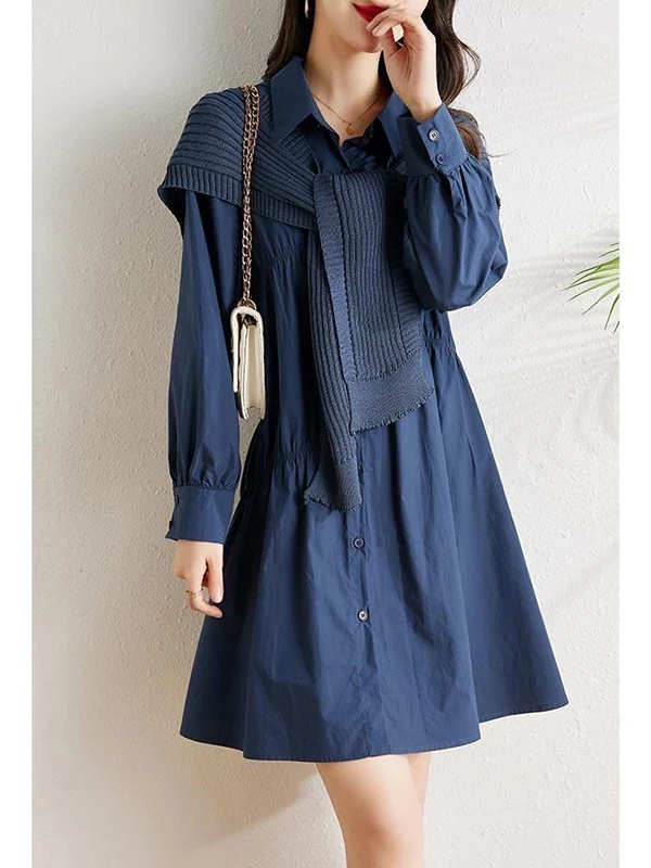 

Платье-рубашка синее, больших размеров (до 136 кг), с длинным рукавом, женское, приталенное, А-силуэт, средней длины, весенний стиль, удобное для работы