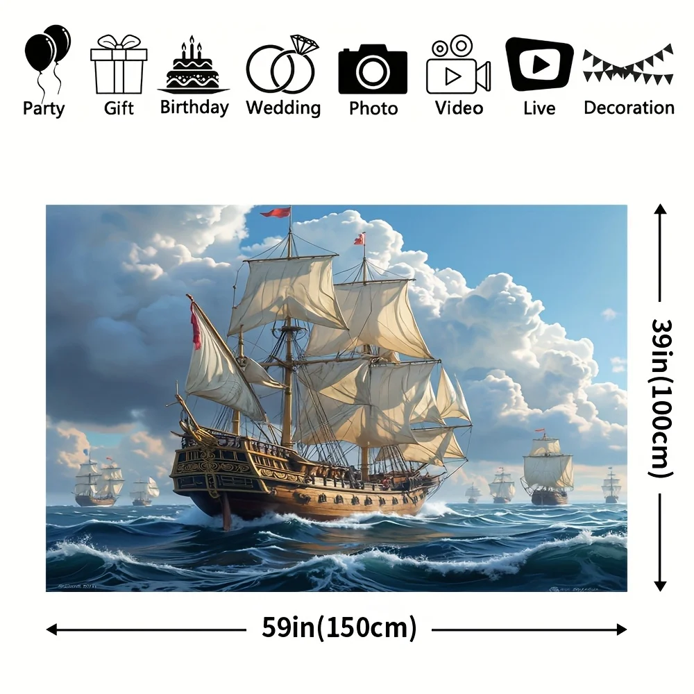 1pc, Vintage Pirate Ship Ocean Sailing Adventure 2D Flat Tapestry Backdrop For Boys Room Decor Nautical Wall Hanging Banner