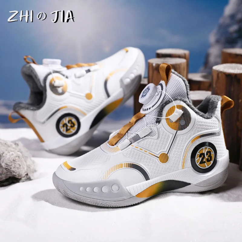 Hot Selling Children\'s Training Basketball Sneaker Boys Winter Warmth Plush Cotton Shoes Outdoor Snow Playing Anti-Skid Footwear