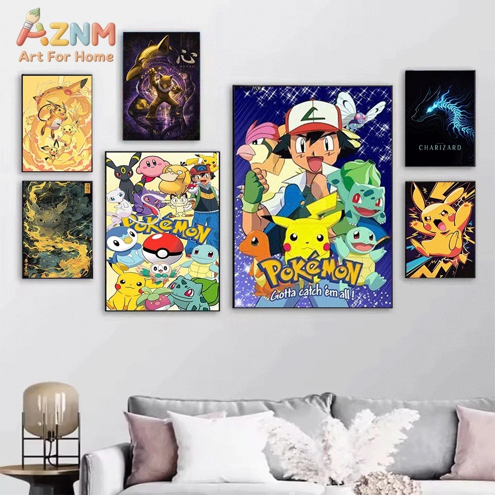 Anime Pokemon Kanto Starters Group Canvas Wall Art, Colorful Pop‑style Pocket Monster Cartoon Frameless Canvas Painting for Ki