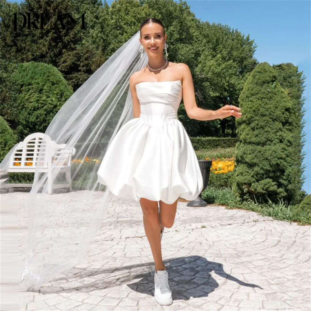 

DREAM Satin A-Line Short Wedding Dress Women 2025 Strapless Open Back Pleat Sleeveless Bridal Gown Vestido De Noiva Customized
