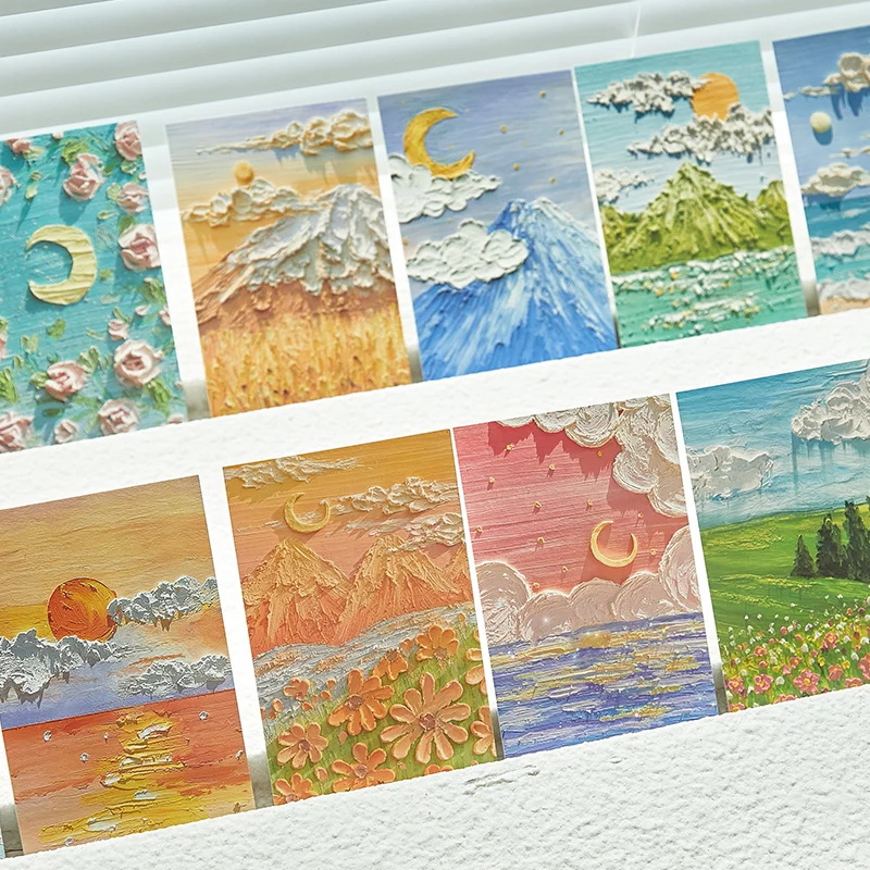 30 قطعة/الحقيبة Kawaii أربعة مواسم قصة سلسلة ثلاثية الأبعاد الوهم البصري النفط اللوحة الفنية نمط هدية رسالة مجموعة من البطاقات بطاقات هدية
