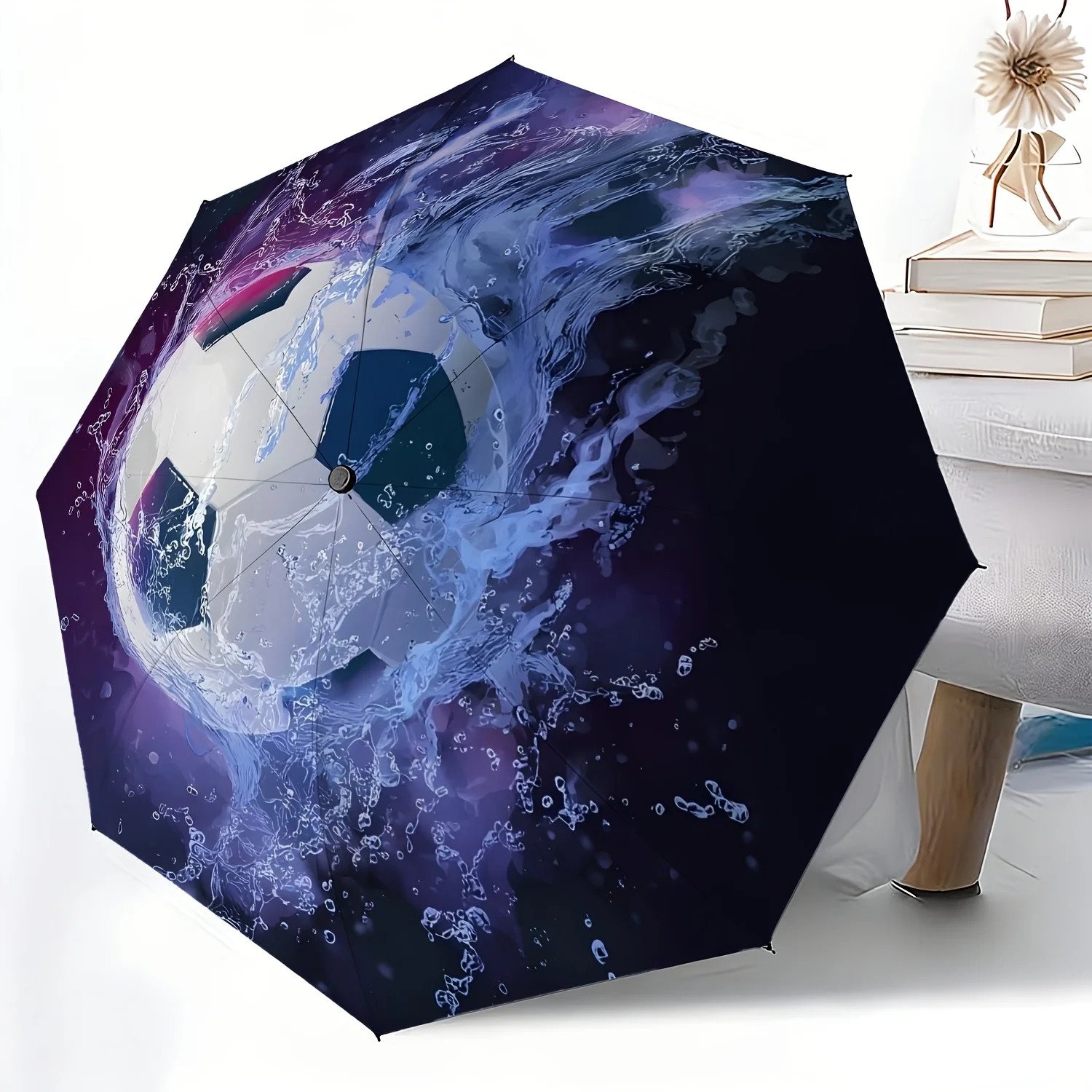 

A Portable Folding Umbrella with a Football Wave Purple Light Design, Featuring a Durable Iron Frame And Rod Structure, Suitab