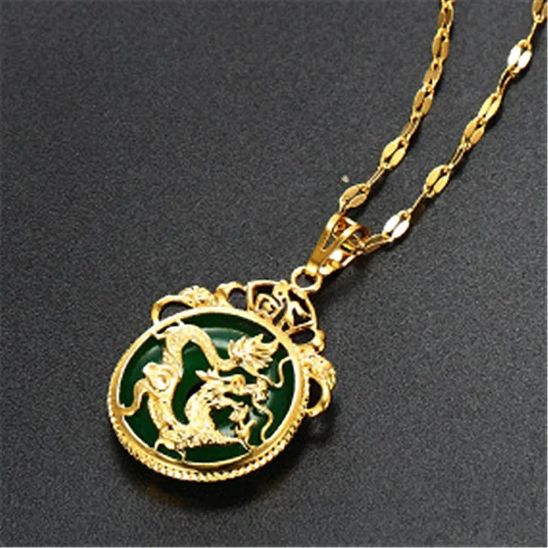 Necklace Emerald Inlaid Dragon Pendant  Jewellery Fashion Hand-Carved Relax Healing Man Women Luck Gifts Amulet