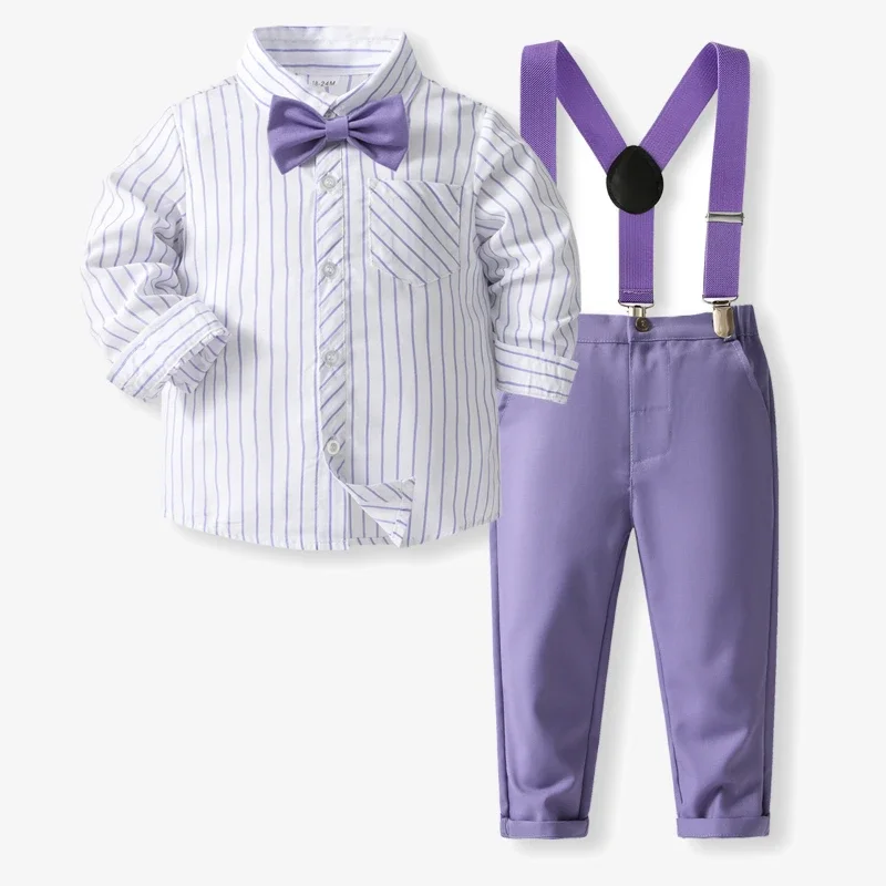 2024 Boys Kids Striped Shirt Strap Pants Suit Wedding Performance Strap Children\'s Clothing Autumn New British Style Ostume Sets