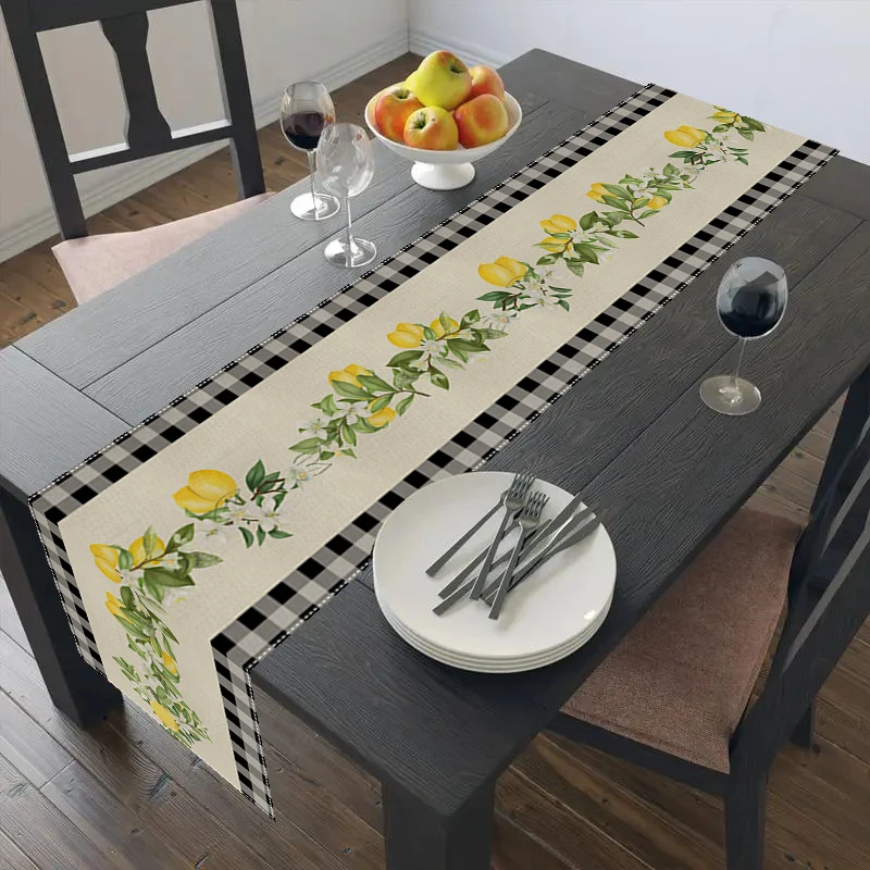 Fresh Lemon Plaid Pattern Linen Table Runner Elegant Dresser Scarf Kitchen School Holiday Party Home Decor