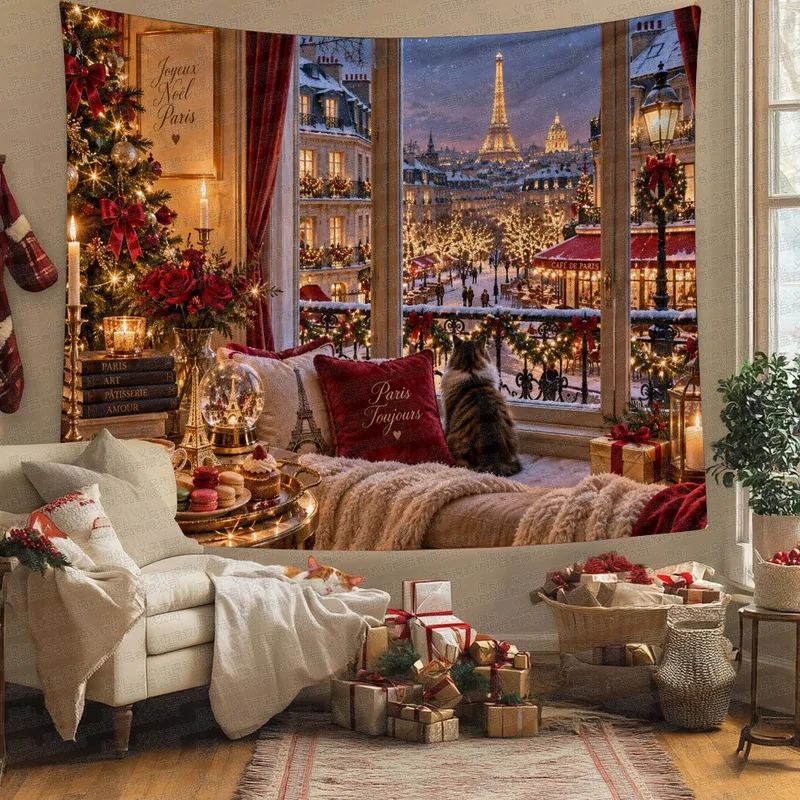 VIKAMA Paris Christmas Window Wall Tapestry Eiffel Tower Cat Scene Wall Hanging Backdrop for Holiday Bedroom Decoration