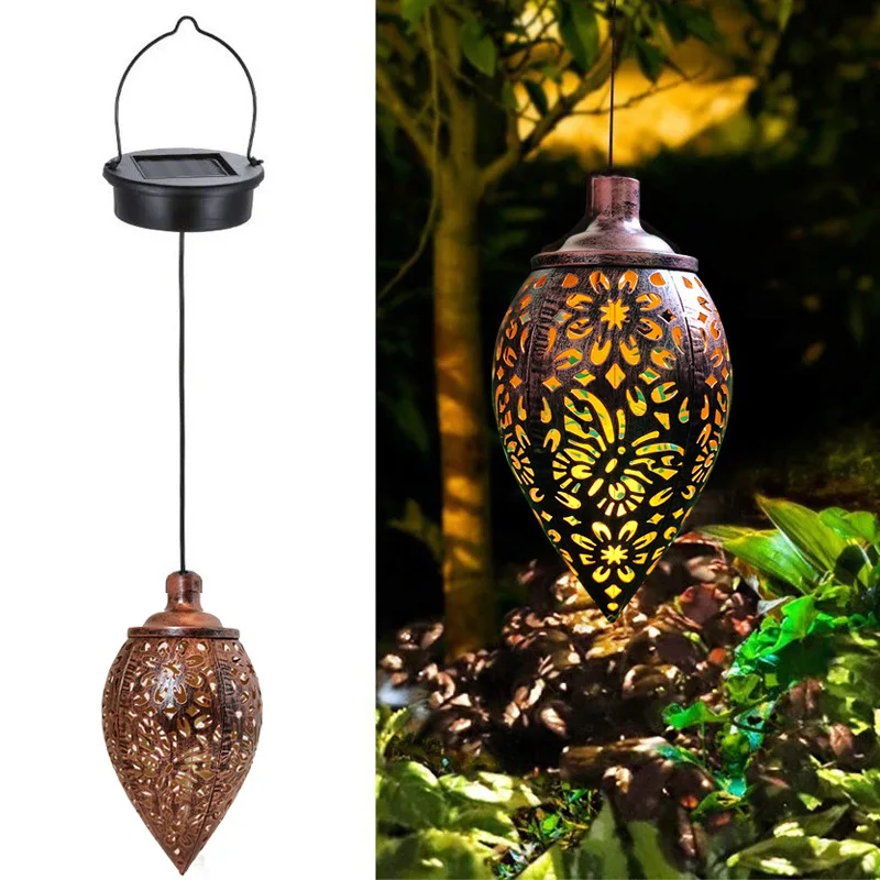 New solar iron pendant lamp outdoor courtyard hollowed-out decorative projection light LED waterproof water drop shaped landscap