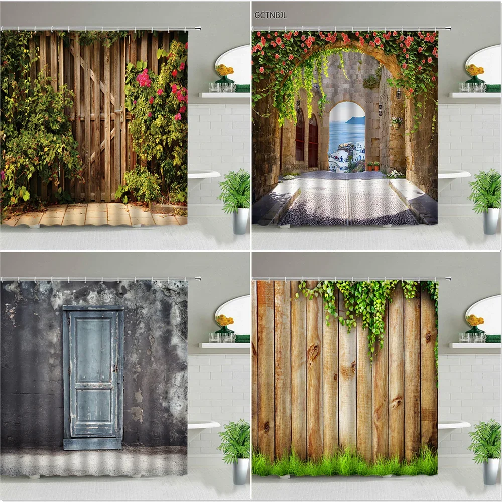 3D Nordic Italy Street Alley Shower Curtains Set Garden Flower Scenery Wall Hanging Bathroom Decoration Screen Fabric With Hooks