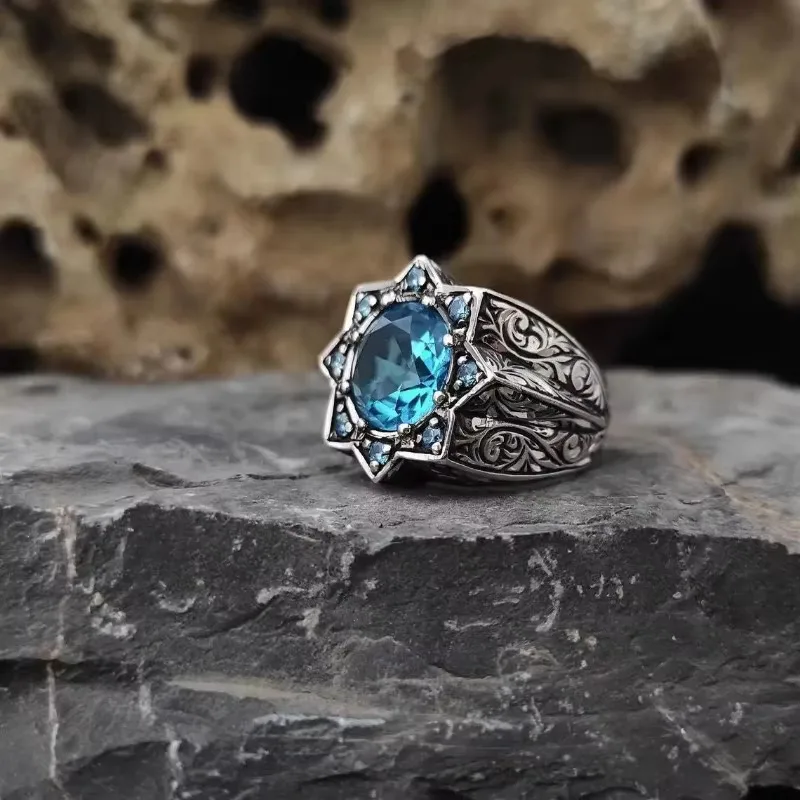 European and American retro fashion octagram shape round blue zircon inlaid personalized popular men\'s ring
