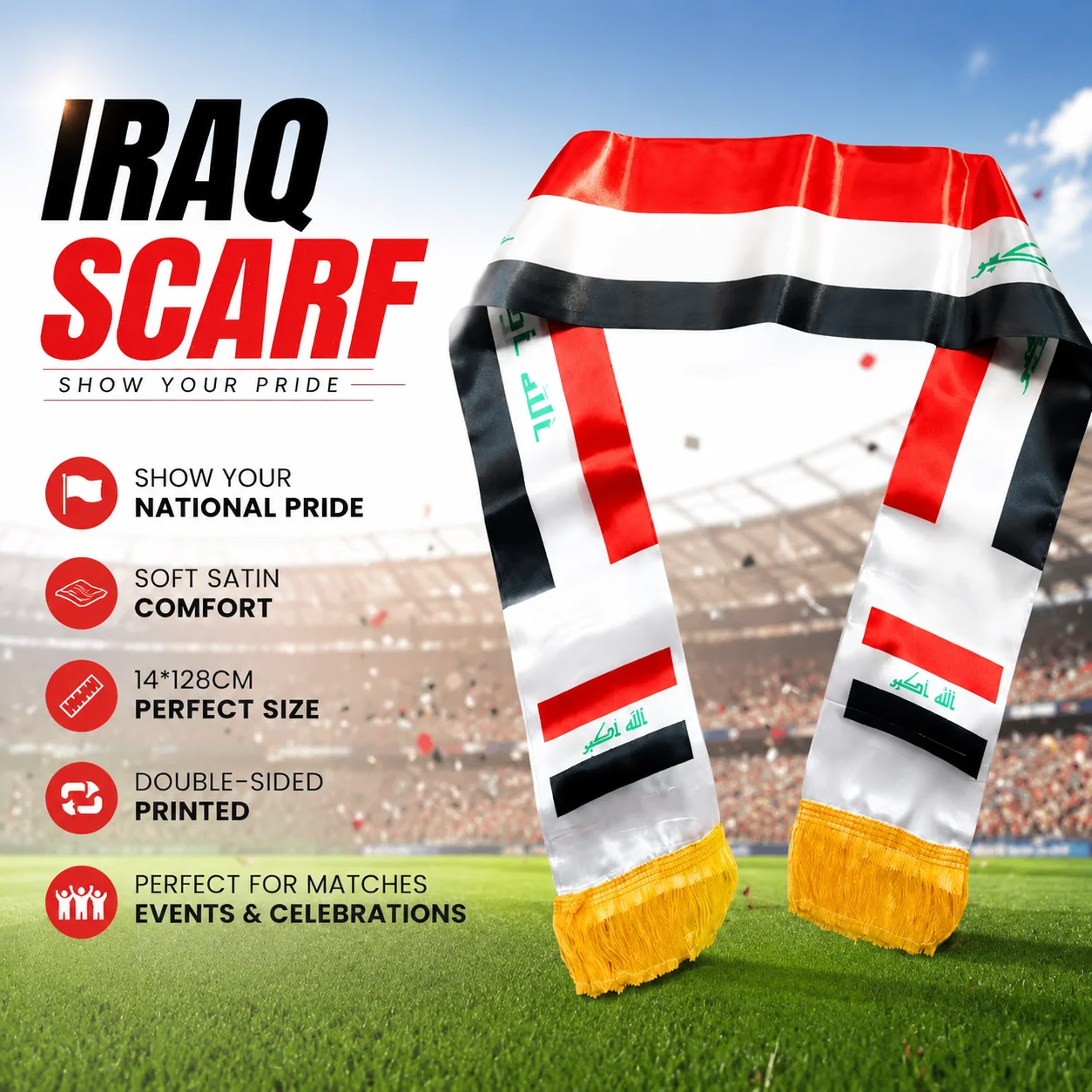 Double-Sided Printed Iraq Flag Satin Scarf, 14 x 128cm, Football Team Support Scarf, Iraq Banner for Fans