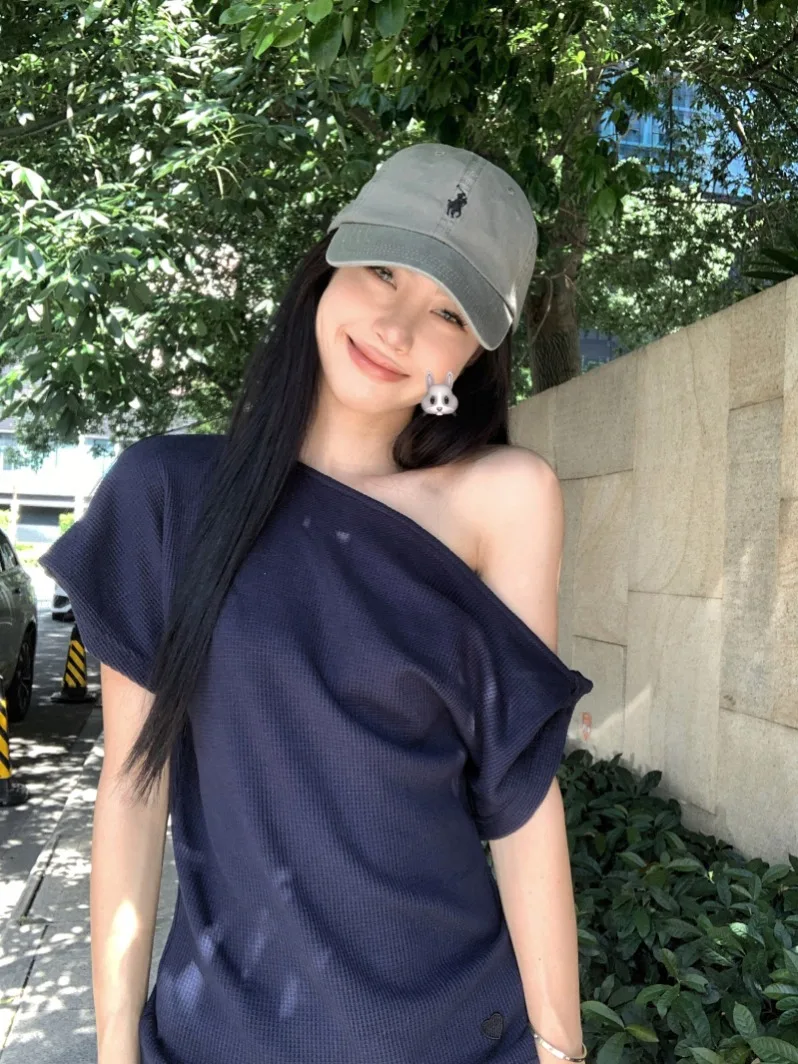 Loose Fit ey oulder Bared ort Sve Camiseta Feminina Verão Design Casual Top Solto Confortável Lazer Sle Commute F...