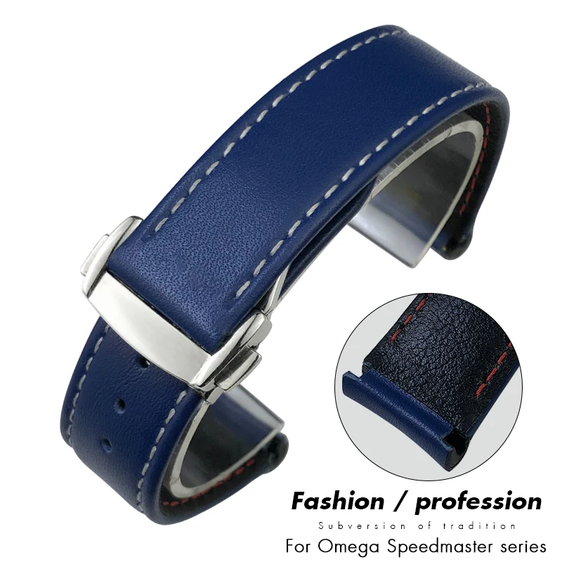 

19mm 20mm 21mm Curved End Thick Blue Cowhide Leather Watch Strap for Omega Speedmaster Moon Seamaster Aqua Terra AT150 Watchband