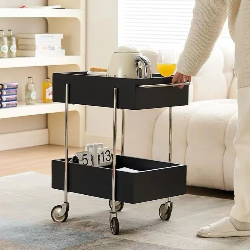 Solid Wood Storage Rack with Wheels Multi-layer Organizer Cabinet Movable Sofa Beside Coffee Tables Portable Organization Shelf