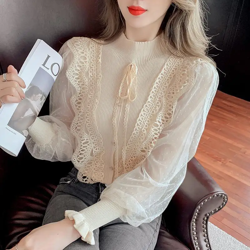 Women Stylish Lace Patchwork Vintage Elegant Slim Knitwear Spring Autumn Half High Collar Long Sleeve Pullover Blouses Chic Tops