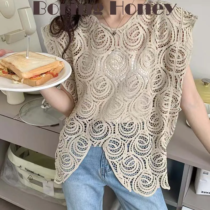 

Boring Honey Summer Plus Size Advanced Sense Milk Silk Fabric Hollow Vest Fashion Sleeveless Waistcoat O-Neck Retro Top Women
