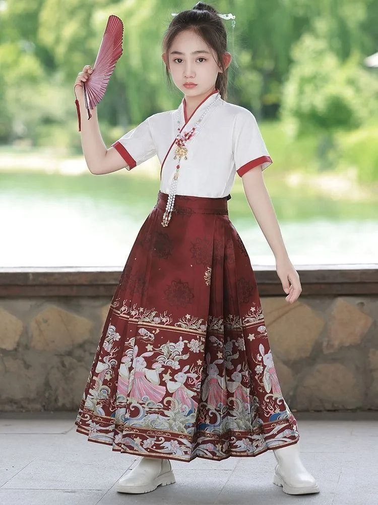 2024 Chinese Traditional Costume Horse Face Skirt for Girls Summer Childrens Ancient Clothing Hanfu Suit National Style Daily