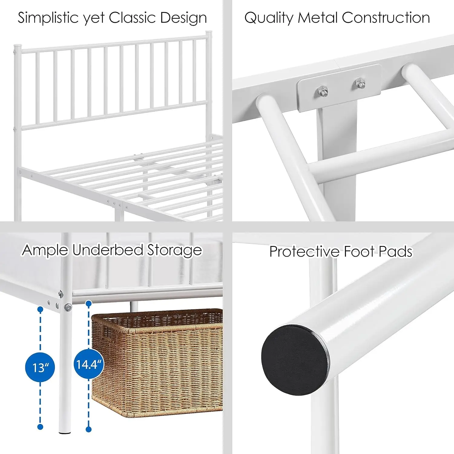 Marco de Cama grande de 14 pulgadas, plataforma de metal, espacio de almacenamiento debajo de la cama, soporte de barra de acero, fácil de instalar, blanco