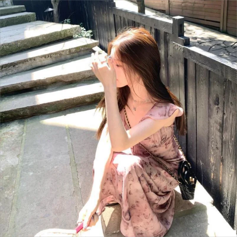 Abito longuette vintage da donna slim con stampa fiocco con volant abito da festa elegante ufficio signora spiaggia Boho estate 2025