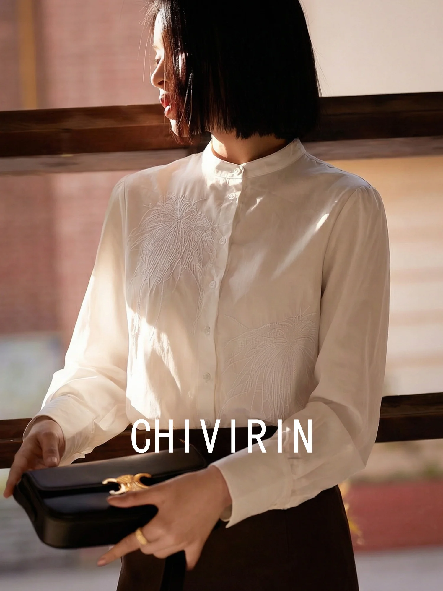 

Artistic Sle Long Sve Embroidered Cotton irt Loose Fit Stand Collar Women's Spring Commute Base Layer irt