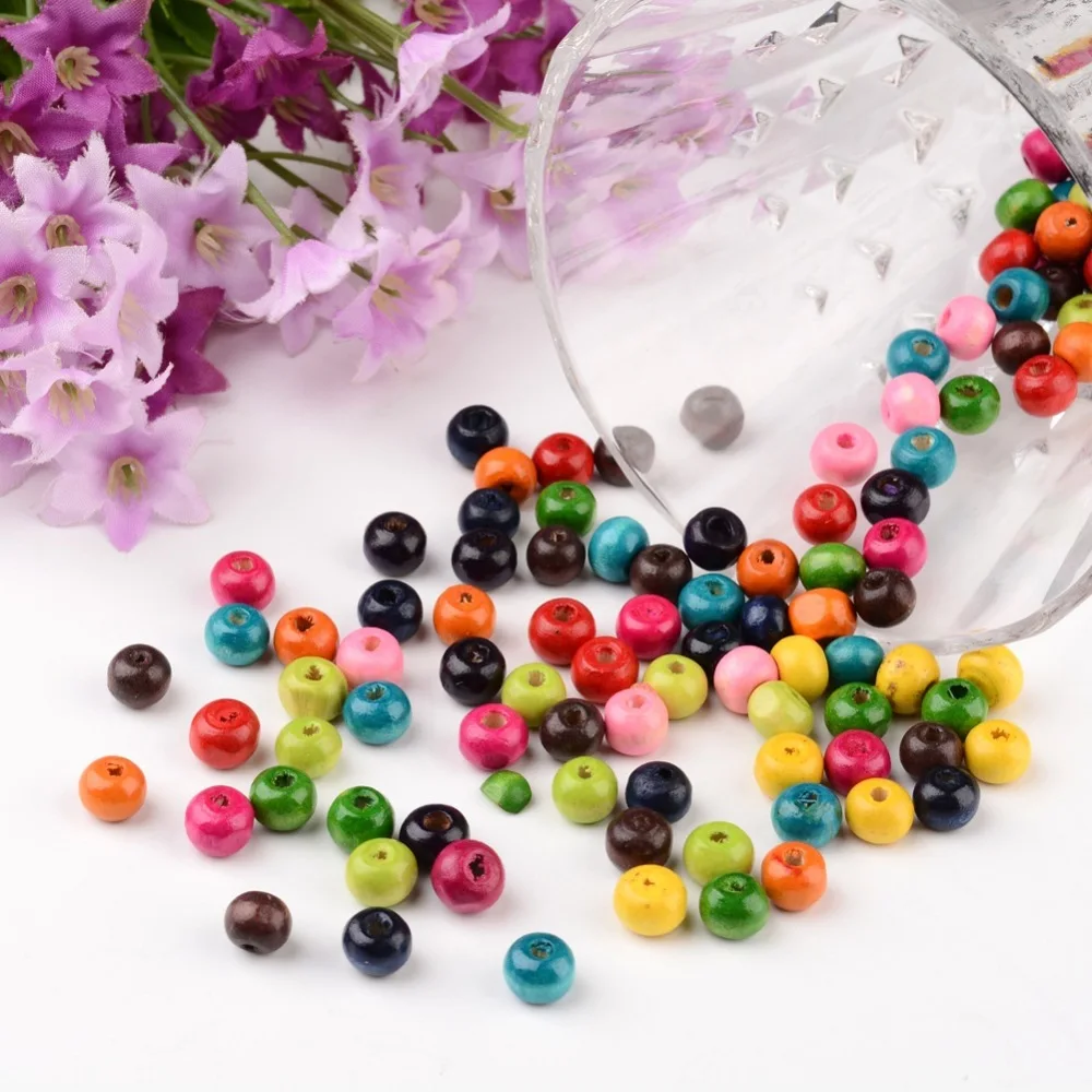 Wood Beads, Lead Free, Round, Dyed, Mixed Color, 7~8x6~7mm, Hole: 3mm