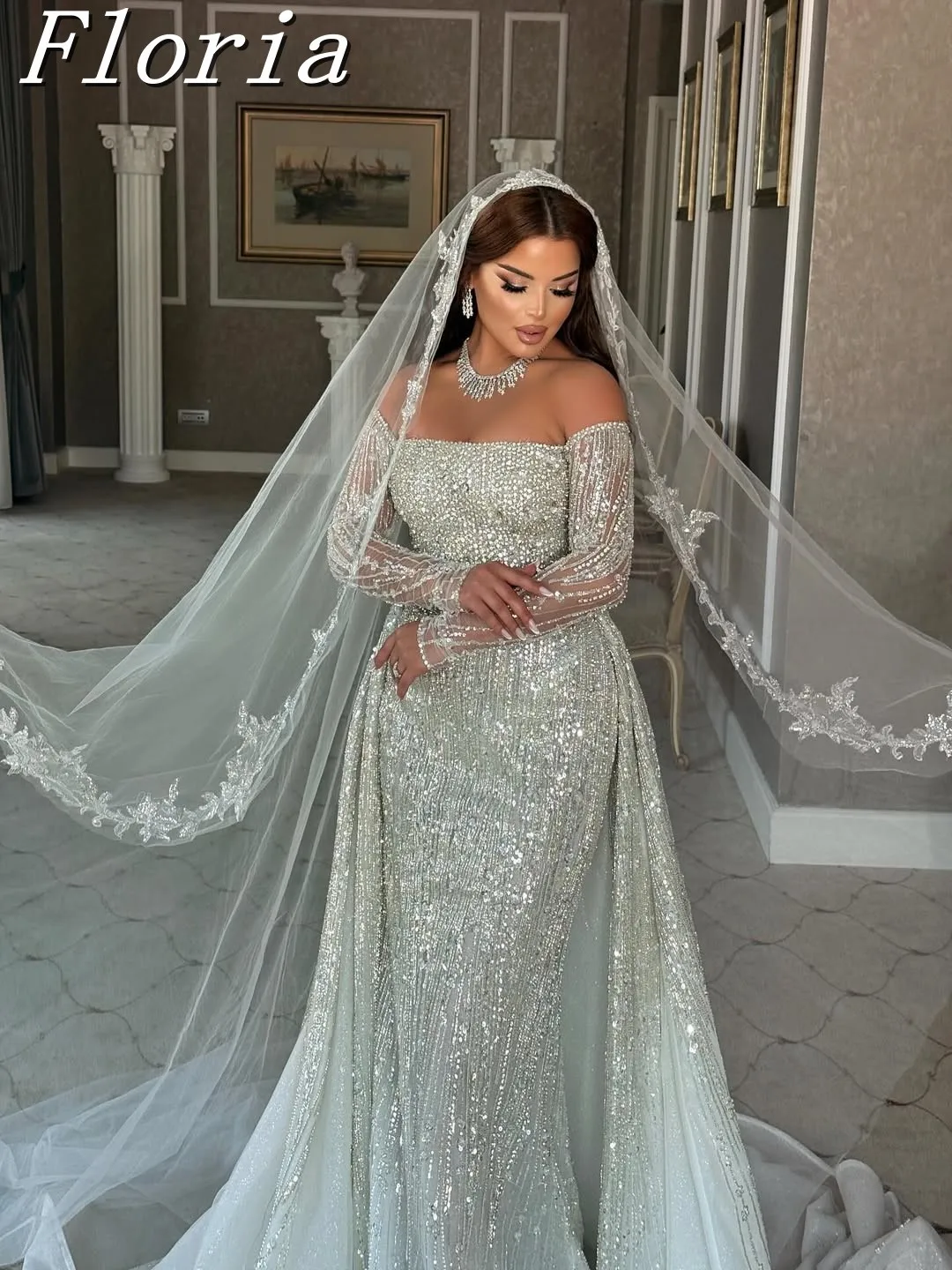 

Charming Sequin Wedding Dresses Off Shoulder Long Sleeves Detachable Trail Elegant Customized Romantic Beaded Bride Wear
