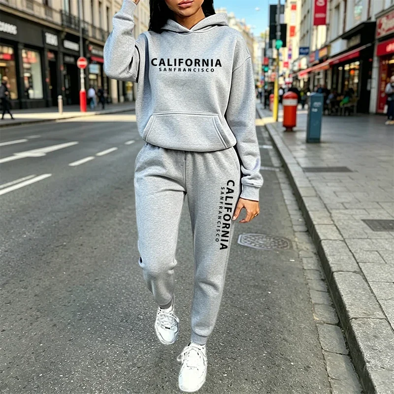 Urban Casual Fashion Hoodie Jogger Suit Autumn Winter Outfit California Print Women's Tracksuit Hooded Sweatshirt and Sweatpants