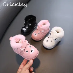 Cartoon Baby Boys Girls Snow Boots Winter PU Leather Warm Toddler Kids Ankle Shoes Plush Hook Loop Soft Children Casual Boots