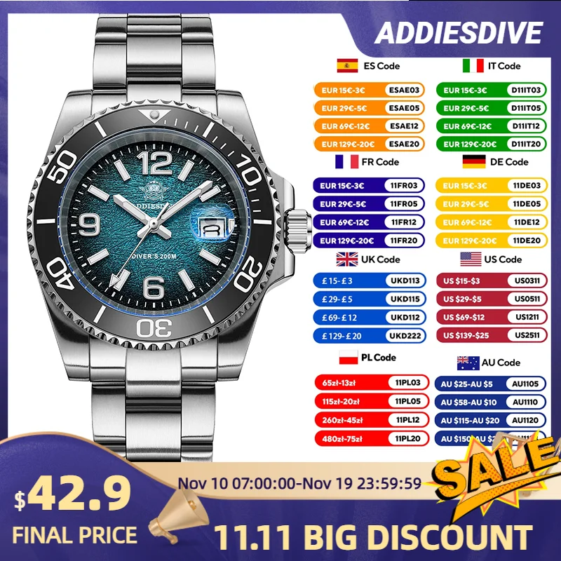 

ADDIESDIVE Men Diver Watch AD2513 Japanese Quartz 316L Stainless Steel 200M Waterproof BGW9 Luminous Wristwatch Men Analog Watch
