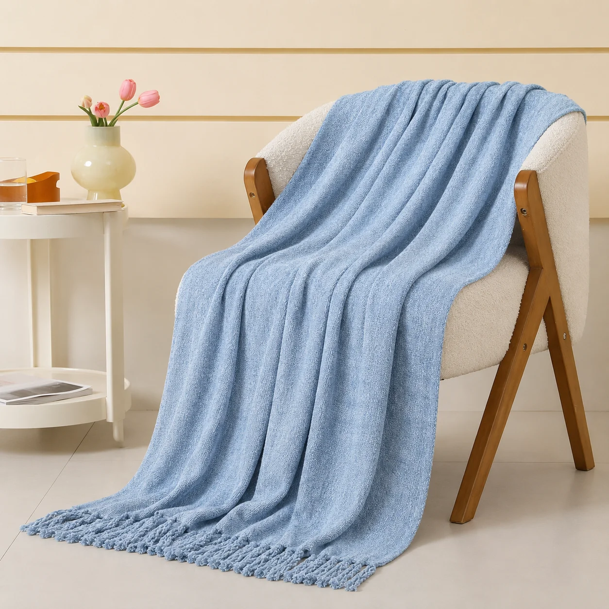 Light Blue Textured Knit Throw Blanket with Tassels