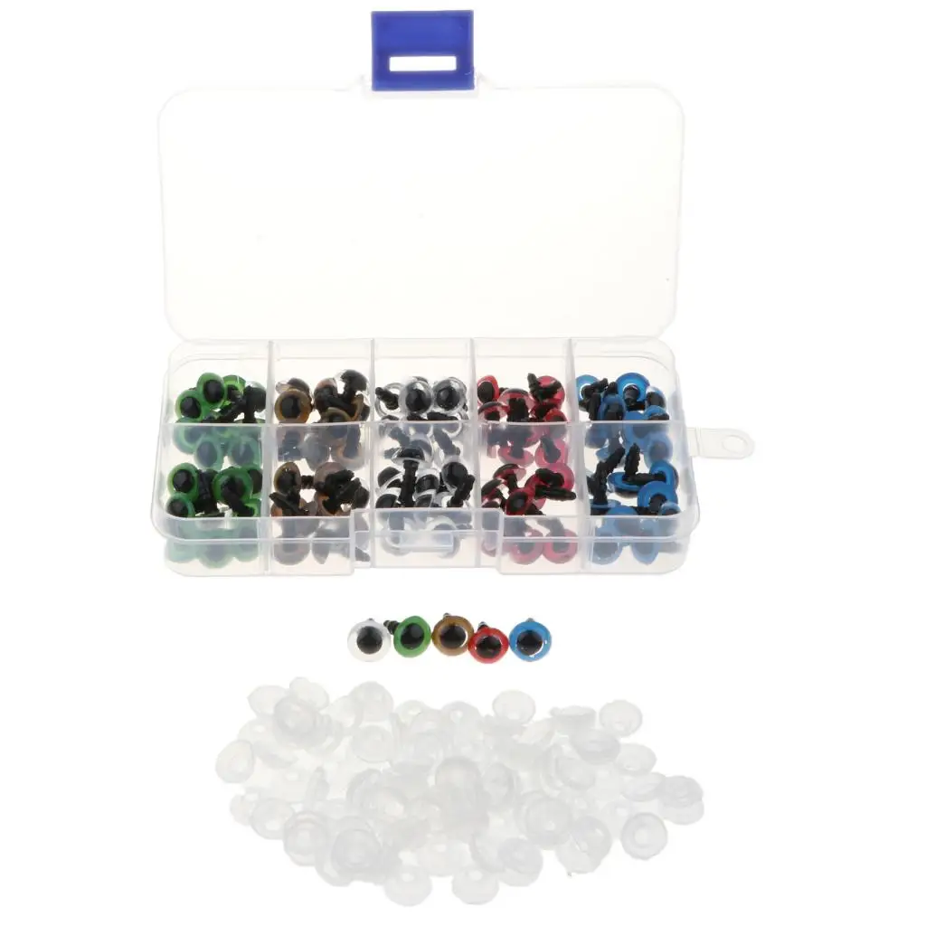 ตาพลาสติกนิรภัยขนาด 8-12 มม. พร้อมแหวนรอง สำหรับตุ๊กตาหมี ตุ๊กตาสัตว์ ของเล่นตุ๊กตาเย็บปักถักร้อย DIY งานฝีมือ แพ็ค 100 ชิ้น