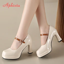 Aphixta Patent Leather 8cm Square Heels Mary Janes Buckle Straps Platform Women Shoes Elegant Pumps Size 44 tacones para mujer