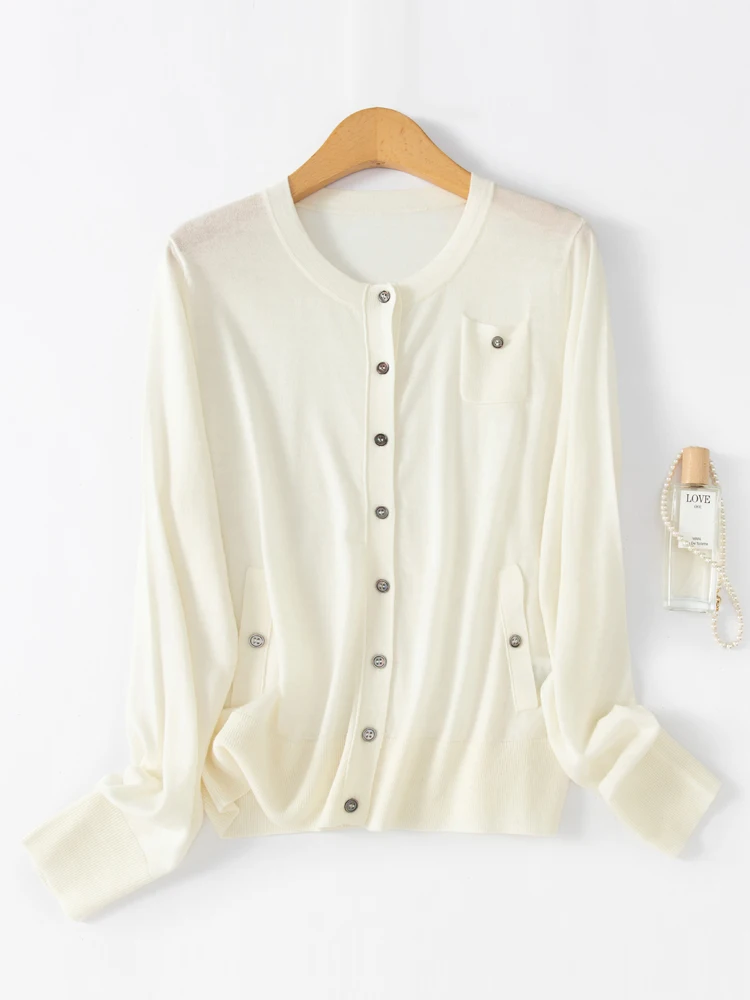 

Casual Spring Autumn Women Sweater 100% Worsted Merino Wool O-Neck Knitted Cardigan Long Sleeve Thin Clothing Tops Female Tee