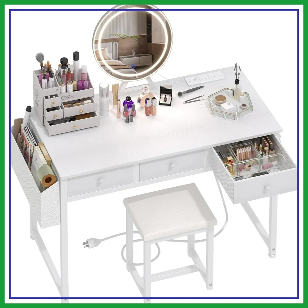 

White Makeup Vanity Desk with Mirror and Lights, 40 inch Dressing Table with Drawers & Power Outlet, Set for Bedroom