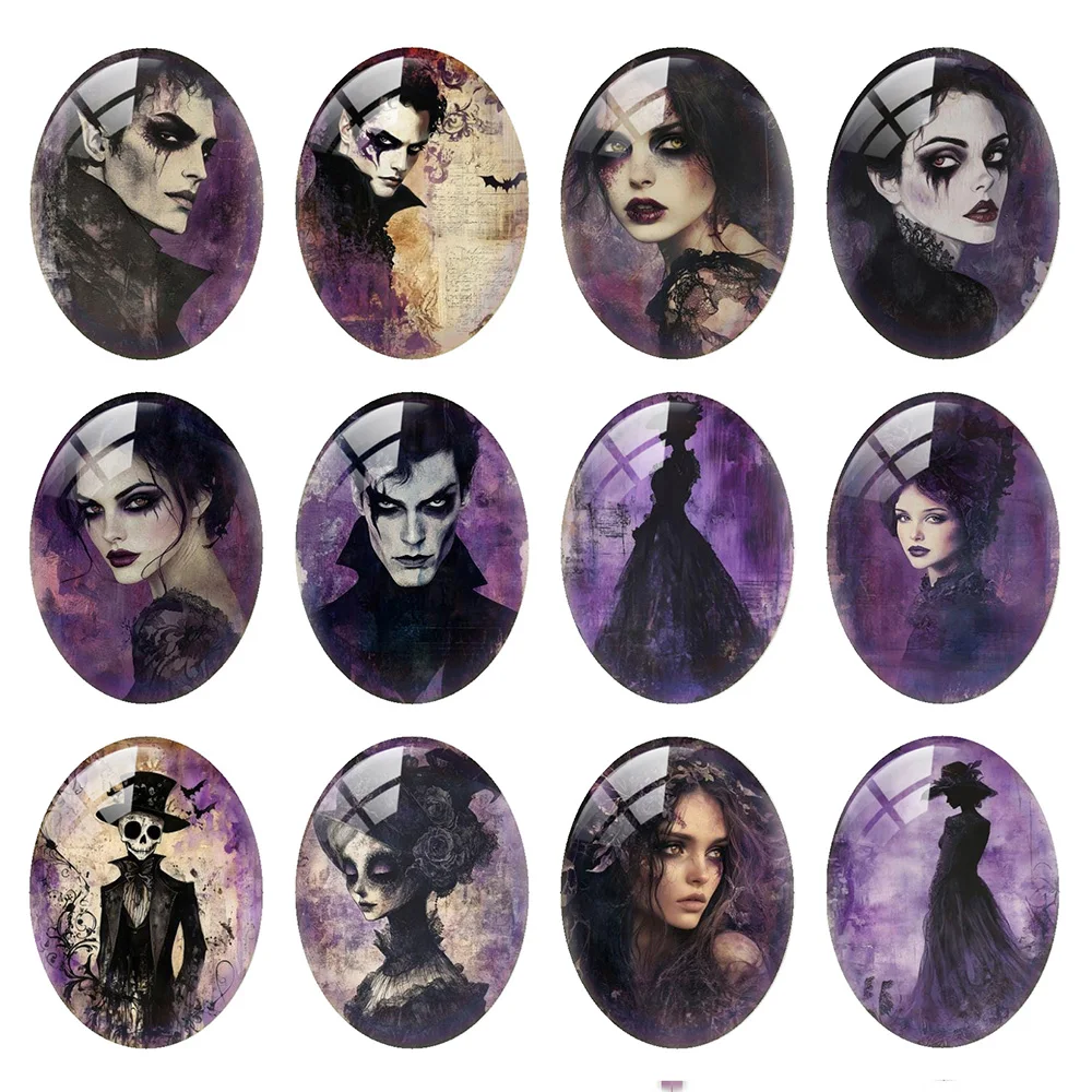 

10pcs/lot Halloween Horror Gothic Girl Vampire Skeleton Witch Oval Photo Glass Cabochon Flatback Demo Cameo Diy Jewelry Making