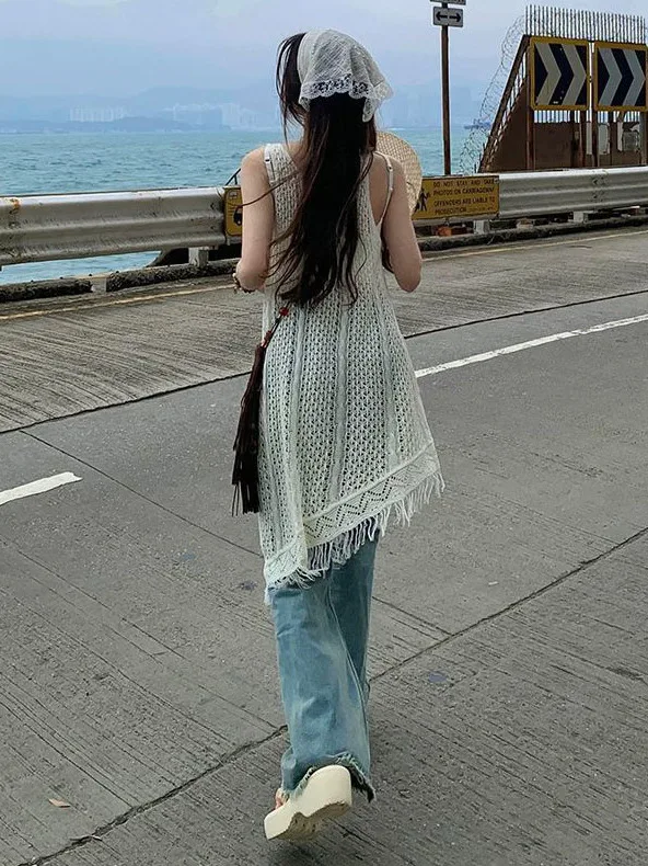 

Women's Knitted V-Ne Tank Top Oversized Hollow out Design Summer Casual Sle Soft Floss Trim Mid-Length Svel Top