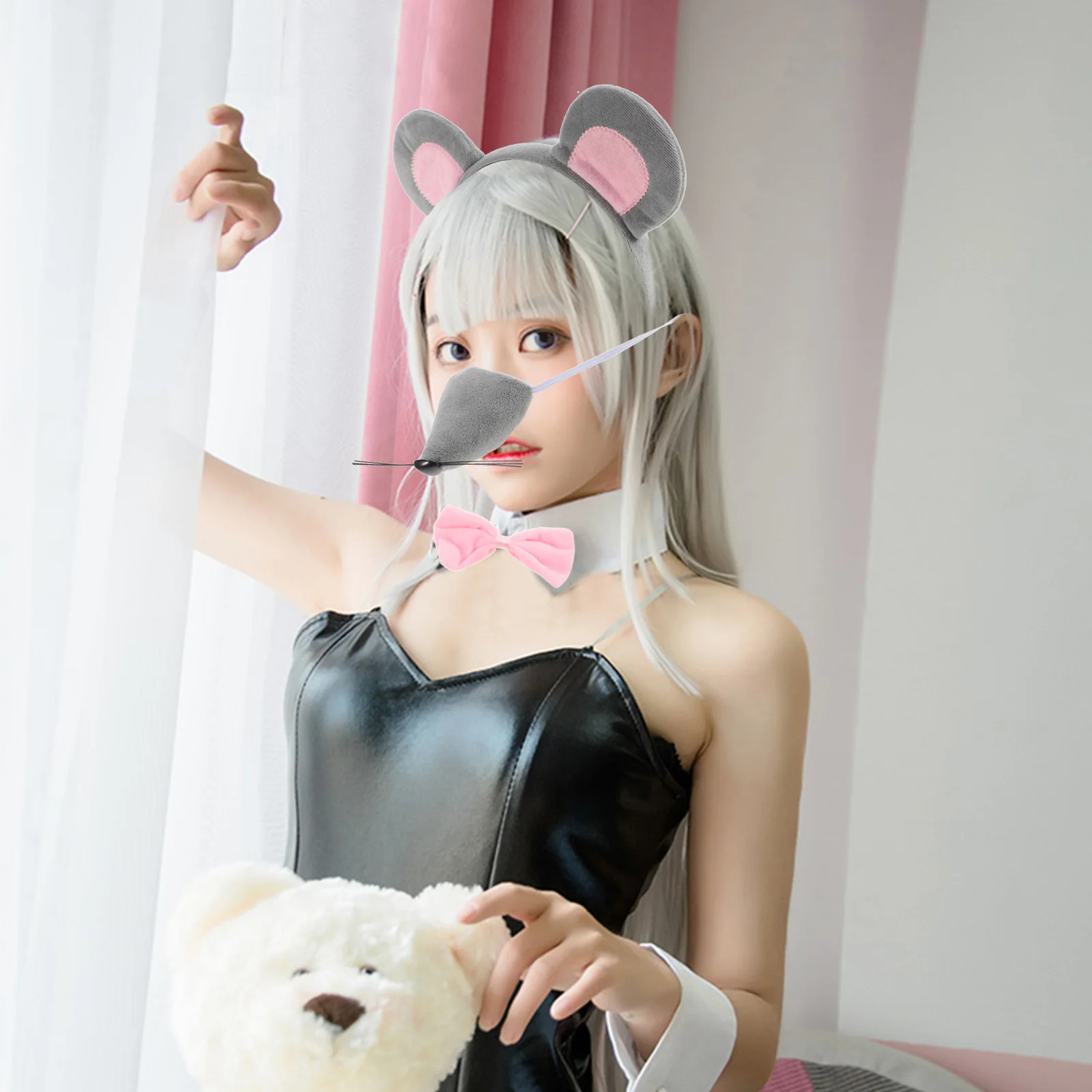 Opaska na głowę z uszami zwierząt, ogonem i muszką, zestaw kostiumu myszki dla dzieci, przebranie na Halloween, urodziny, akcesorium na imprezę.